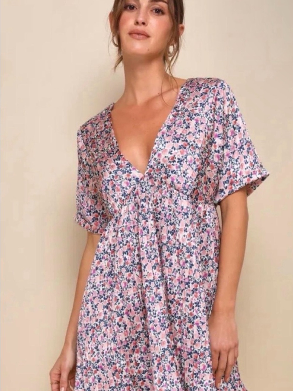 Lulu's Pink & Navy Floral V‑Neck Babydoll Tunic